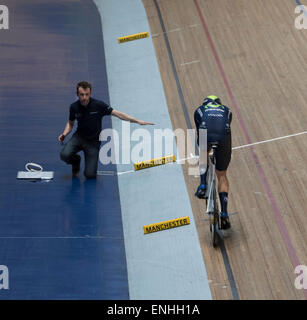 Manchester, UK. 2nd May, 2015.  Alex Dowsett, Movistar, broke the UCI cycling Hour world record at Manchester velodrome. Stock Photo