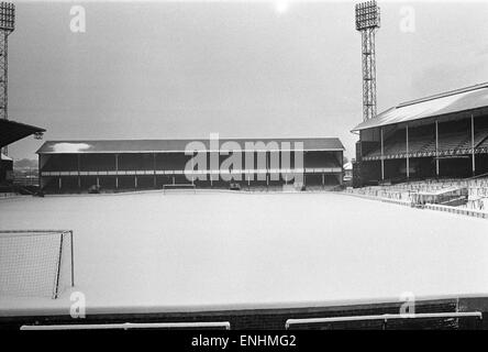 Goodison Park, home ground of Everton football club, covered in snow the day before their match is called off. 7th February 1969. Stock Photo