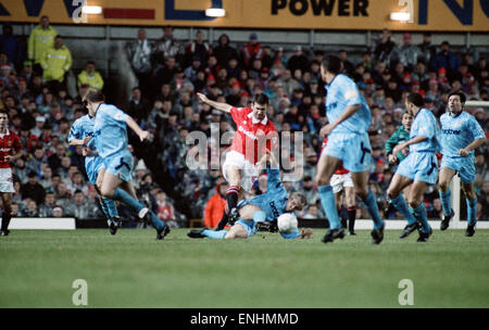 Manchester United v Manchester City, league match at Old Trafford, Sunday 6th December 1992. New signing Eric Cantona on his first appearance at Old Trafford. Final score: Manchester United 2-1 Manchester City Stock Photo