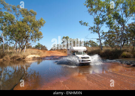Motorhome crossing a river along the Gibb River Road, Kimberley, Outback, Western Australia, Australia Stock Photo