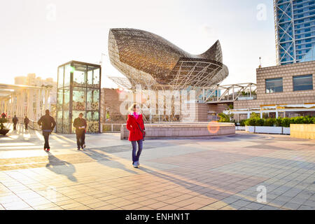 Golden fish by Frank Owen Gehry. Barcelona, Catalonia, Spain. Stock Photo