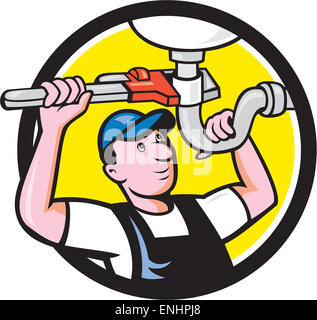 Illustration of a plumber pipe worker repairing pipe sink with wrench set inside circle on isolated background done in cartoon style. Stock Photo