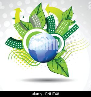 vector blue earth with buildings and leafs around it Stock Vector
