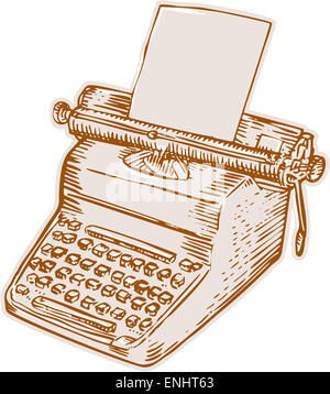 Etching engraving handmade style illustration of an old style vintage typewriter with paper set on isolated white background. Stock Photo