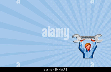 Business card showing Low Polygon style illustration of a mechanic wearing hat holding spanner wrench above his head looking to Stock Photo