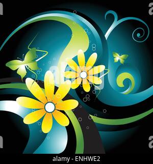 vector beautiful wave with flower and butterfly around it Stock Vector