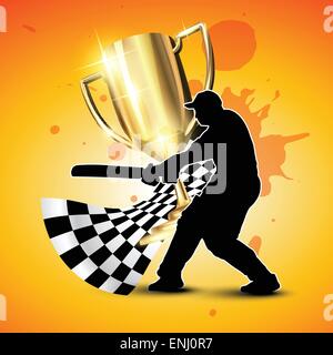 cricket background with trophy and batsman hitting ball Stock Vector