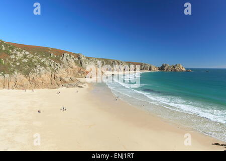 Overlooking the beach at Porthcurno near Lands End in Cornwall, England. Porthcurno is famed as being the home of the Minnack Theatre. Stock Photo