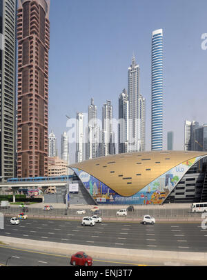 Dubai metro running along Sheikh Zayed Road in the United Arab Emirates