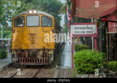 Train approaching the River Kwai Bridge railway station. Kanchanaburi, Kanchanaburi Province. Thailand Stock Photo