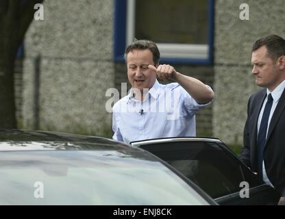 Carlisle, UK. 06th May, 2015. Prime Minister arrives in Carlisle and meets Conservative candidate John Stevenson during a visit to Harrison and Hetherington Border way Mart Carlisle on the final day of campaigning in the General Election: 6 May 2015 Credit:  STUART WALKER/Alamy Live News Stock Photo