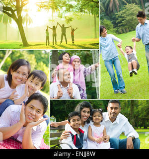 Collage photo of mixed race family having fun at outdoor park. All photos belong to me. Stock Photo