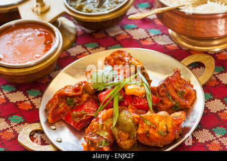 Pan fried MoMo, a type of potsticker, coated with chili sauce, Himalaya Restaurant, Cuisine of Nepal, India and Tibet, Ventura, Stock Photo