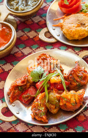 Pan fried MoMo, a type of potsticker, coated with chili sauce, Himalaya Restaurant, Cuisine of Nepal, India and Tibet, Ventura, Stock Photo