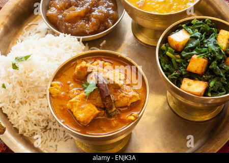 dal bhat tarkari platter with curry chicken, spinach with tofu, yellow lentils and rice, Himalaya Restaurant, Cuisine of Nepal, Stock Photo