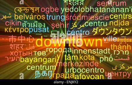 Background concept wordcloud multilanguage international many language illustration of downtown glowing light Stock Photo