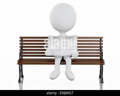 3d illustration. White people reading a newspaper on a wooden bench. Isolated white background Stock Photo