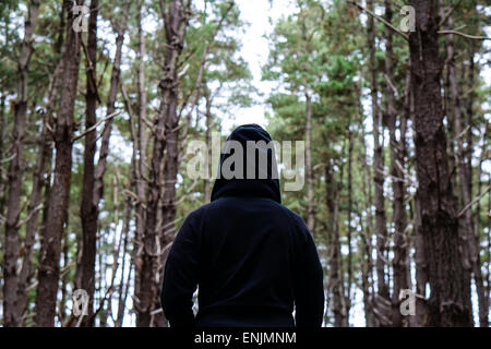 Lonely hooded figure looking towards the pine forest. Stock Photo