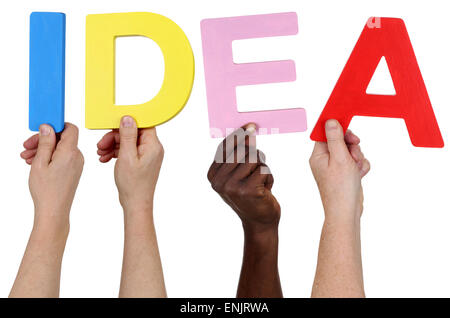 Multi ethnic group of people holding the word idea isolated Stock Photo