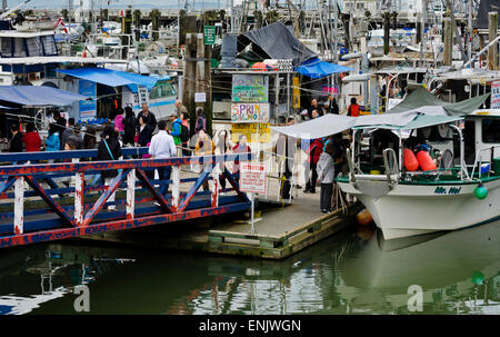 Buyers and sellers of fresh seafood off the fishing boats in Steveston Village, British Columbia, Canada.  At Fisherman's Wharf. Stock Photo
