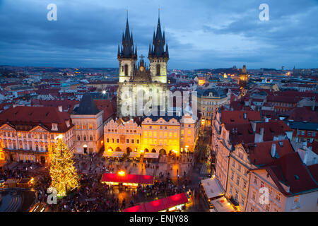 Overview of the Christmas Market and the Church of Our Lady of Tyn on the Old Town Square, UNESCO, Prague, Czech Republic Stock Photo