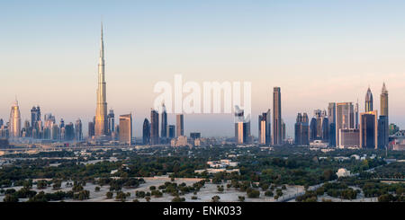 Elevated view of the new Dubai skyline, the Burj Khalifa, modern architecture and skyscrapers on Sheikh Zayed Road, Dubai, UAE Stock Photo