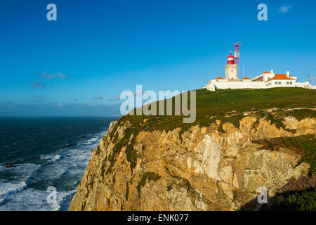 Lighthouse on the rocky cliffs of EuropeÂŽs most western point, Cabo da Roca, Portugal, Europe Stock Photo