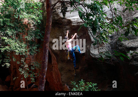 A climber scaling limestone cliffs in the jungle at Serra do Cipo, Minas Gerais, Brazil, South America Stock Photo