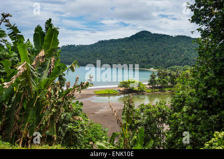 View over the bay of Sao Joao dos Angloares, East coast of Sao Tome, Sao Tome and Principe, Atlantic Ocean, Africa Stock Photo