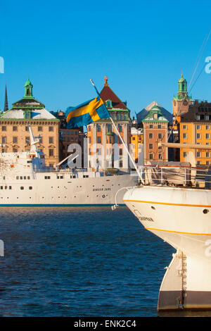 Sweden, Stockholm, The Old Town - Boats moored along the quayside. Stock Photo