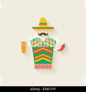 Mexican man in sombrero with tequila and chili pepper - vector illustration. eps 10 Stock Vector