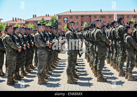 Spanish soldier from the Brigada Paracaidista stands at attention during a retirement ceremony following Operation Skyfall May 6, 2015 in Madrid, Spain. Stock Photo