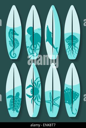 surfboards set with blue sea creatures drawing - vector illustration. eps 8 Stock Vector