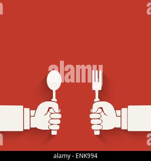 Menu red background. Hands with fork and spoon Stock Vector