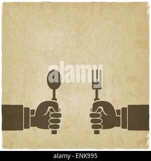 Menu old background. Hands with fork and spoon Stock Vector