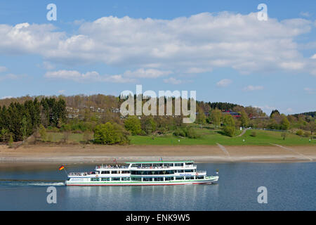 excursion boat on Bigge water reservoir near Sondern, Sauerland, North Rhine-Westphalia, Germany Stock Photo