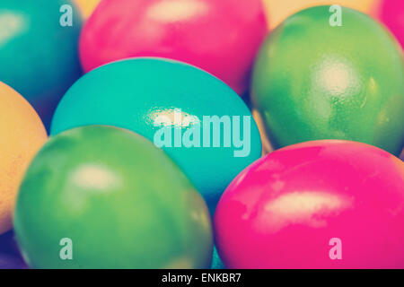 Retro Photo Of Easter Eggs Pile In Basket Stock Photo