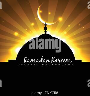 beautiful mosque with moon on golden sky background Stock Vector