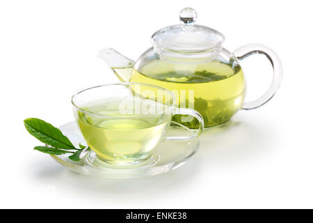 glass cup of Japanese green tea and teapot isolated on white background Stock Photo