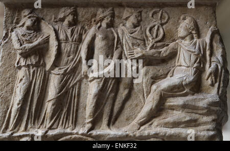 Ara Casali. Altar dedicated by Tiberius Claudius Faventinus. Scene: Judgement of Paris. 2nd C. AD. Octogonal Court. Stock Photo