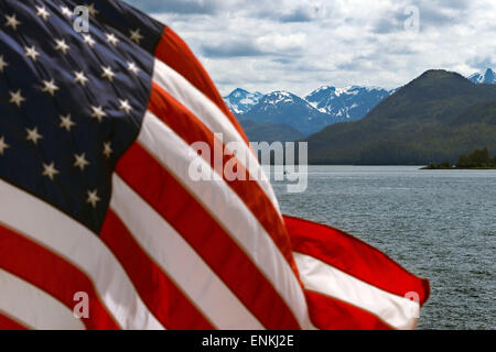 American flag waving in Safari Endeavour. Icy Strait. Glacier Bay National Park adn Preserve. Chichagof Island. Juneau. Southeas Stock Photo