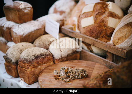 bread for sale at stroud farmers market, stroud, gloucestershire Stock Photo