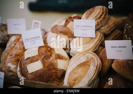 bread for sale at stroud farmers market, stroud, gloucestershire Stock Photo