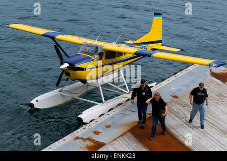 Seaplane in the Bartlett Cove Seaplane Base. Pier and floating dock, Bartlett Cove, Glacier Bay National Park, Alaska. Here, jus Stock Photo