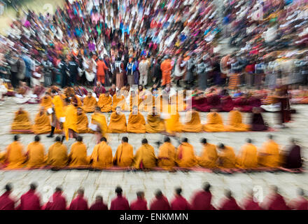 Buddhist monks during ceremony at Paro religious festival Bhutan Stock Photo