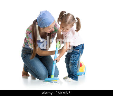 Little girl and woman with vacuum cleaner isolated Stock Photo