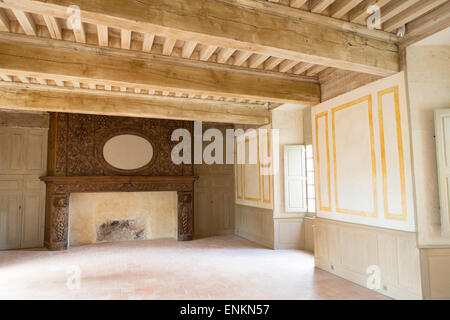 Room with an enormous fireplace at castle Bruniquel, Tarn et Garonne, Midi-Pyrenees, France Stock Photo