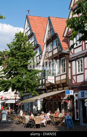 Timber framed houses, cafe, old town, Celle, Lower Saxony, Germany Stock Photo