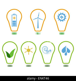 Set of logos presenting eco-friendly energy sources. Sun, wind and water Stock Photo