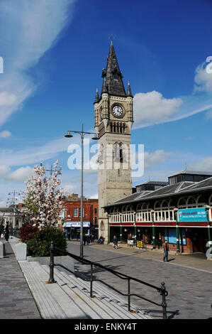 Darlington County Durham UK - Exterior of the indoor market and clock tower in town centre Stock Photo